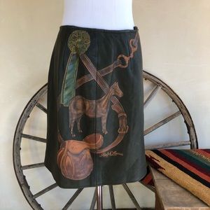 RALPH LAUREN Green Soft Leather Wrap Skirt Hand Painted Equestrian Horse Sz 4